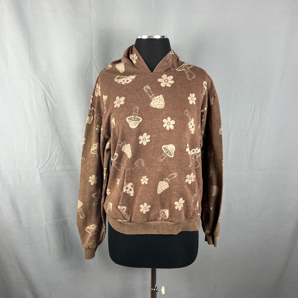 No Boundaries Hoodie Womens M (7-9) Brown Mushroom Fleece Lined Kangaroo Pocket